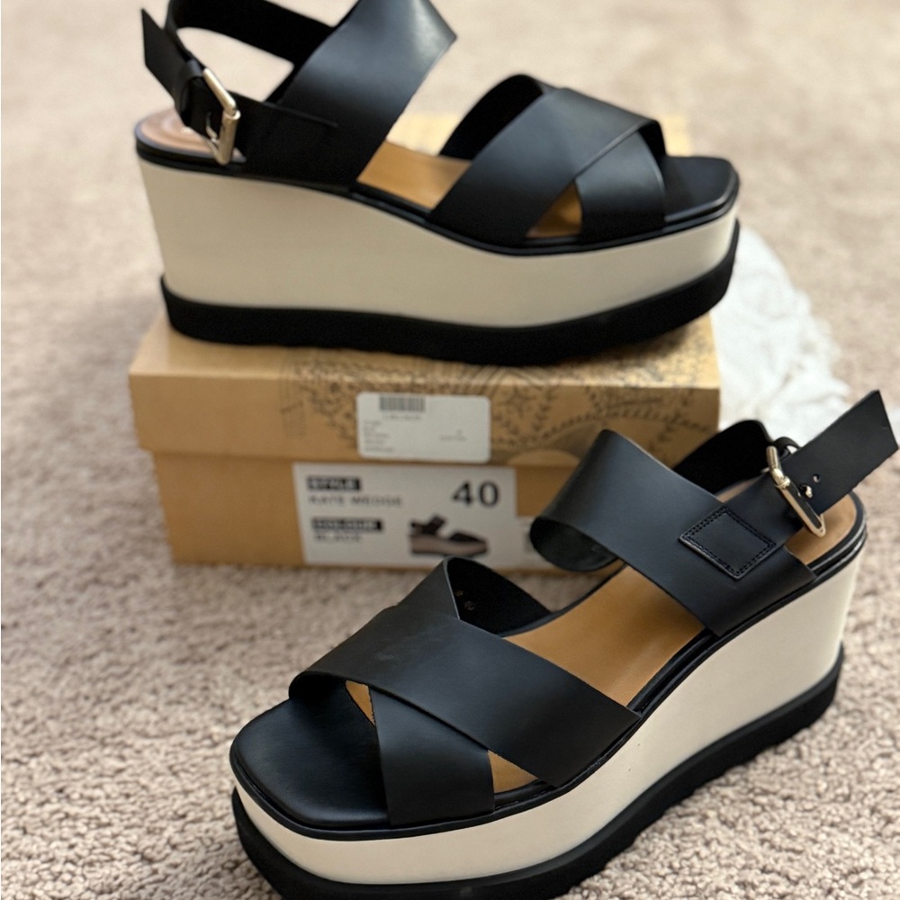Free People Wedge Heels Women size 9 Black Cream Leather Open Toe Ankle Strap